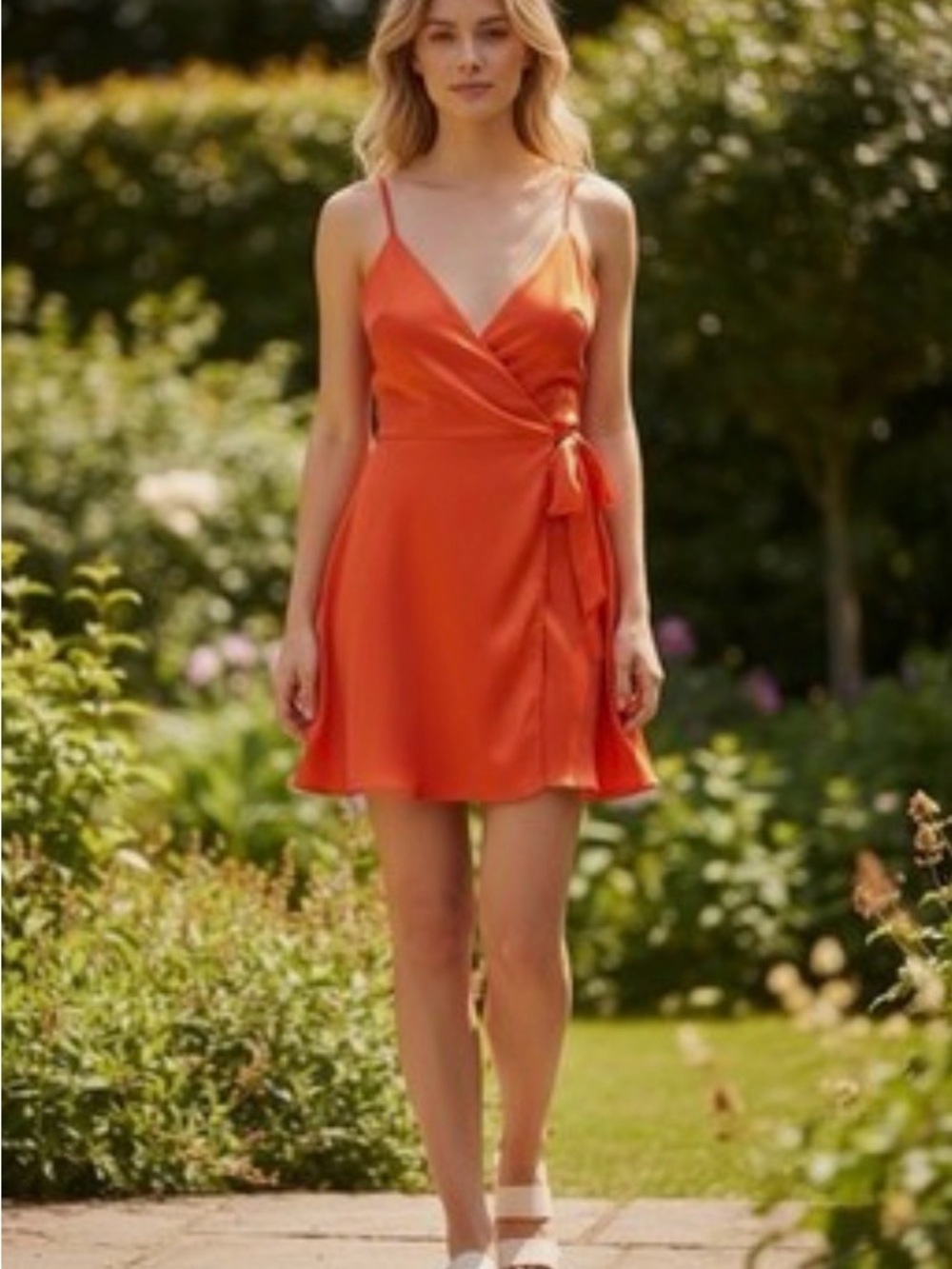Wayf Orange Red Faux Satin Wrap Mini Dress